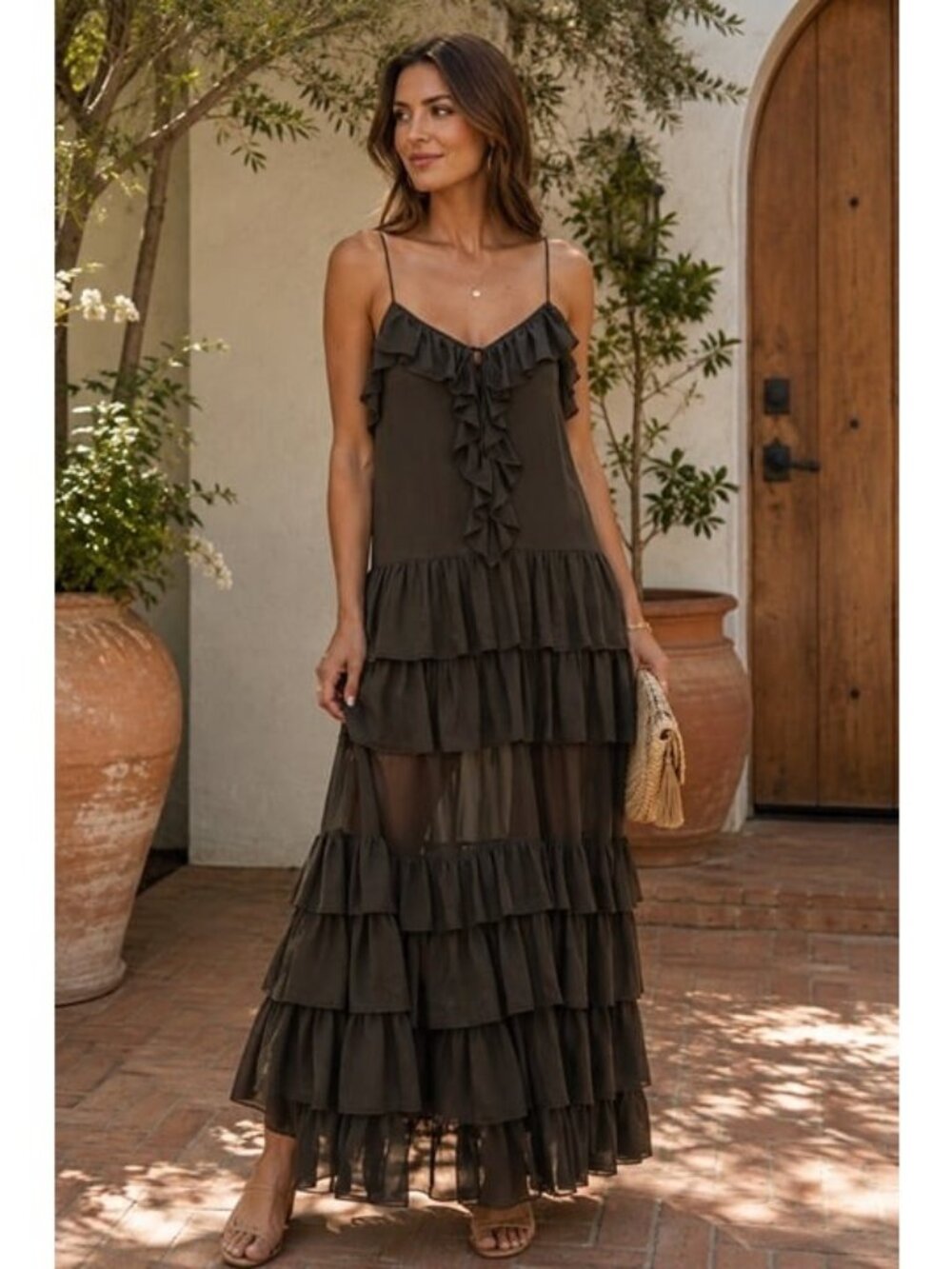 TORN BY RONNY KOBO Orcadia Tiered Ruffle Maxi Dress Dark Gray Size M NEW